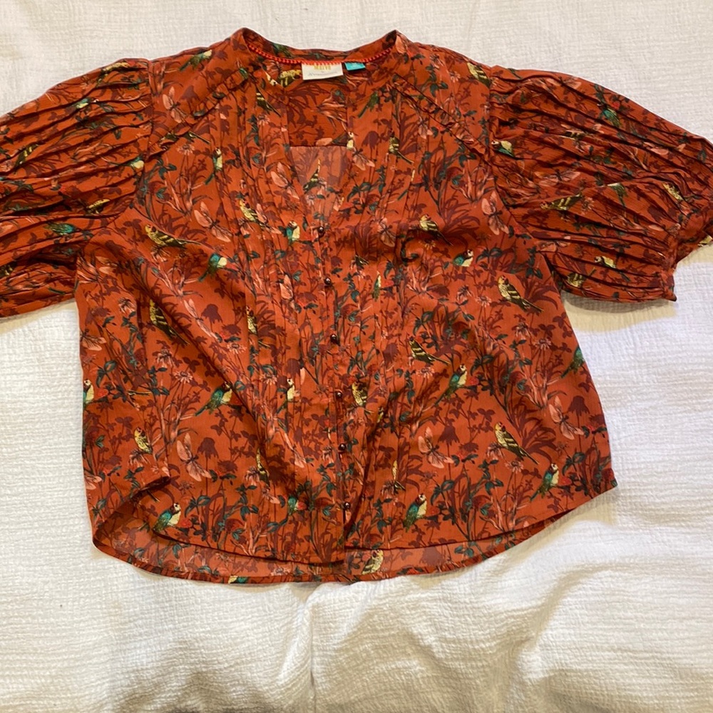 Anthropologie burnt orange top with balloon short sleeves